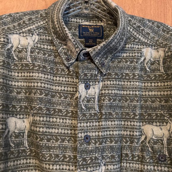 Mens WOOLRICH Sz XXL Green and Tan Pattern w/ Deer Long Sleeve Button Down Shirt - Picture 3 of 7